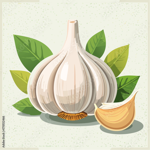 Garlic Bulb and Cloves with Green Leaves on Light Green Background
