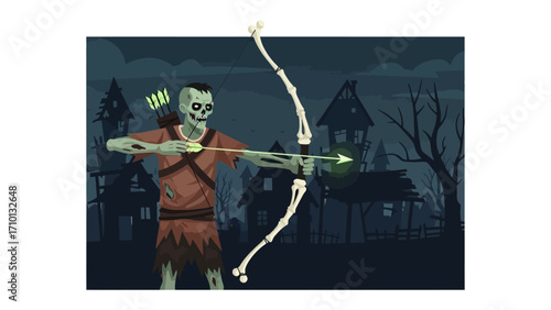 The Undead Archer: A skeletal zombie archer, draws back his bow and arrow, aiming through a spooky and eerie atmosphere, in a scene that is both macabre and captivating. 