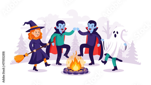 Halloween Dance Party: An illustrated group of Halloween characters joyfully dances around a crackling bonfire, embodying the spirit of fun, mischief, and spooky celebrations.