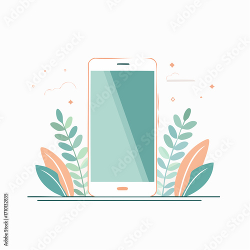 Smartphone with Pastel Green Screen and Botanical Accents