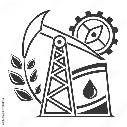 Oil Industry Symbol with Pump, Gear, and Wheat Stalk Vector Illustration