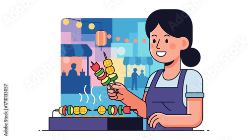 Street Food Vendor: Smiling vendor at the food stand prepares fresh skewers in a vibrant, graphic scene.