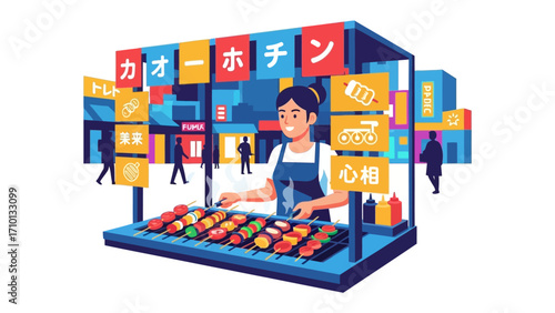 A Vibrant Street Food Stall: An inviting illustration captures a cheerful vendor at a colorful street food stall, brimming with culinary delights and set against the backdrop of a bustling cityscape.