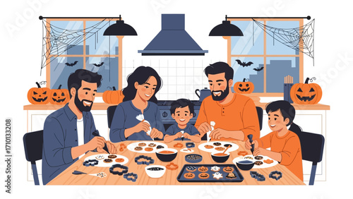 Halloween Family Cookie Decoration: A heartwarming scene of a family coming together, with a father and son creating sweet cookies with festive decorations as a part of Halloween celebrations.