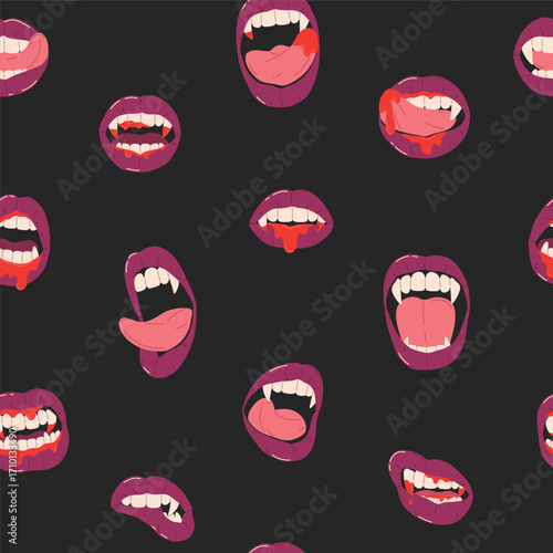 Halloween seamless pattern with vampire open mouth, purple lips, teeth, fangs, tongue, blood. Hand drawn vintage cartoon background for holiday decoration, print, poster, banner, wrapping paper