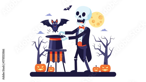 Mysterious Halloween Magic: A whimsical skeleton magician conjures an eerie atmosphere, pulling a bat from a top hat amidst jack-o'-lanterns and gnarled trees under a moonlit sky.
