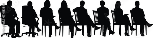 Silhouette of diverse people sitting on chairs, office waiting room illustration, team meeting concept, professional posture, corporate business scene