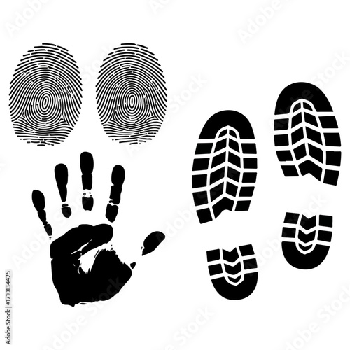 Fingerprints, handprint, and footprints - Forensic evidence.