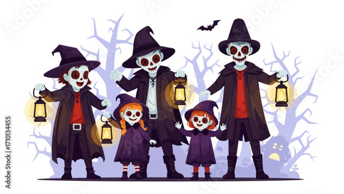 Spooky Halloween Family: A spooky Halloween family of skeletons in witch hats and long coats, bearing lanterns, stands before a shadowy forest of bare trees, exuding a playful and festive atmosphere.