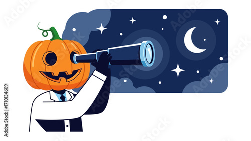 Pumpkin-headed Scientist Gazing at Night Sky: A whimsical illustration of a pumpkin-headed scientist gazing through a telescope at the enchanting night sky.  Stars and moon.