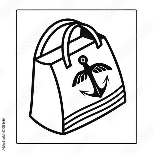 Chic black and white line art of a beach tote bag featuring a decorative anchor and wings motif, perfect for summer themes and travel