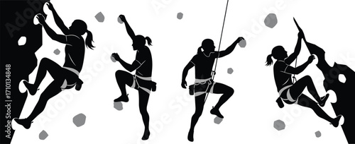 Silhouette of female rock climber climbing wall, adventure sport, outdoor activity, fitness training, strength, climbing gear, challenge, athletic woman, extreme sport, determination.