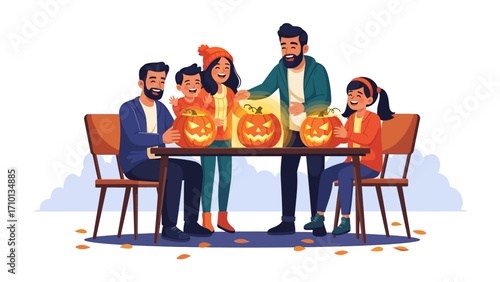 Family Crafting Spooky Delights: A cheerful family gathering together, enthusiastically engaged in the festive tradition of carving Halloween pumpkins.