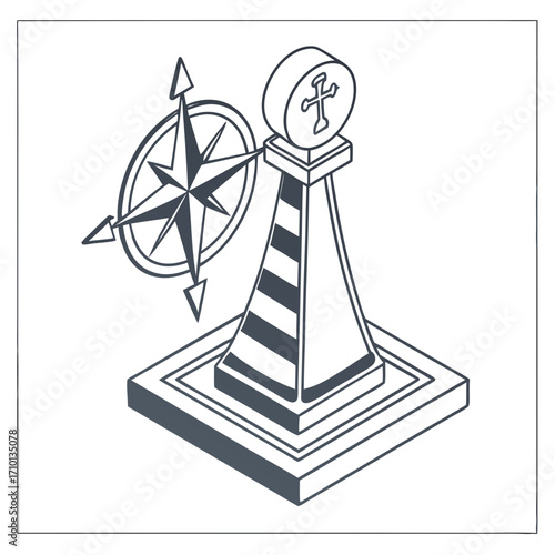 Lighthouse with Compass Guiding Light and Direction