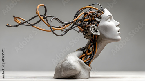 A human head exploding with chaotic wires, symbolizing sensory overload and mental strain