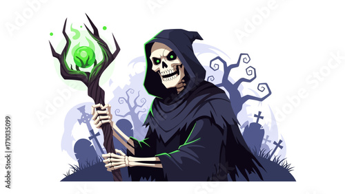 The Grim Reaper's Greeting: The Grim Reaper, a skeletal figure shrouded in a dark cloak, materializes in a graveyard setting, carrying a staff emitting an eerie glow.