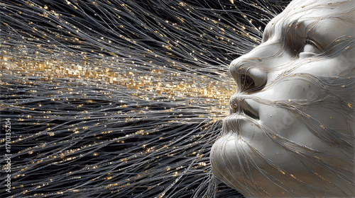 A human head exploding with chaotic wires, symbolizing sensory overload and mental strain