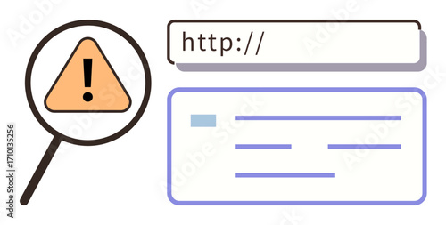 Magnifying glass amplifying warning sign on search bar, signaling potential error. Ideal for cybersecurity, online safety, internet threat detection, data privacy, digital risk, phishing prevention