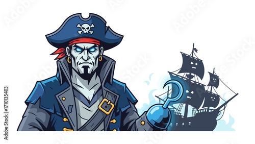 The Pirate's Journey: An illustration featuring a swashbuckling pirate gazing toward a ship in the backdrop, full of adventure and exploration.