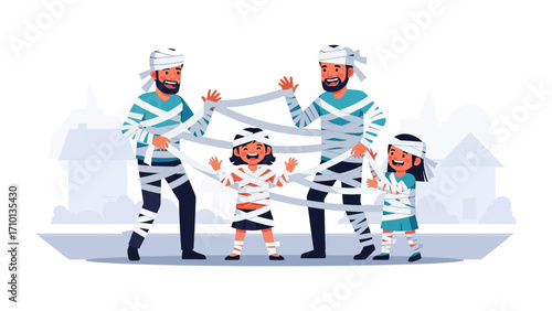 A Spooky Family Portrait: A joyous family dressed up as mummies, ready to embrace the thrills of Halloween. Featuring the spooky holiday, playful family.