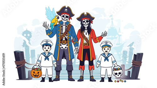 Pirate Family: A whimsical illustration showcases a lively pirate family dressed in themed attire, standing proudly with the harbor backdrop and parrot friend. 