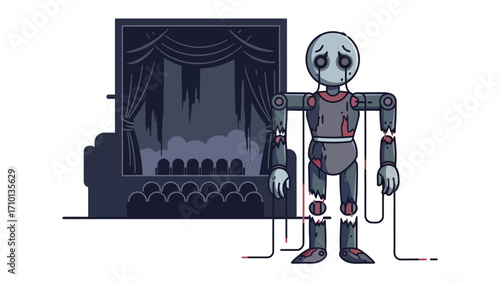 The Broken Puppet: A distressed mechanical puppet stands forlornly before an empty theater stage, ropes hanging loosely, representing isolation, hopelessness, and brokenness.
