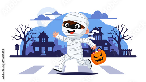 Mummy Kid's Halloween Adventure: A youthful mummy cheerfully embarks on a Halloween night, clutching a glowing pumpkin pail, strolling through a spooky town with delight.