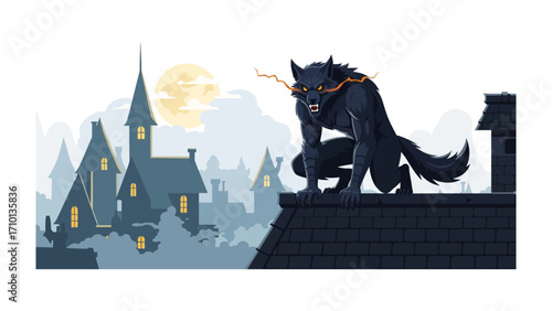Nightwatch of the Beast: A monstrous werewolf, silhouetted against the moon and a eerie night landscape, surveys the town from atop the rooftop, its gaze piercing the darkness.
