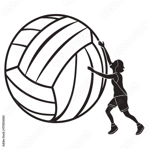 Graphic silhouette of a female athlete spiking a large volleyball