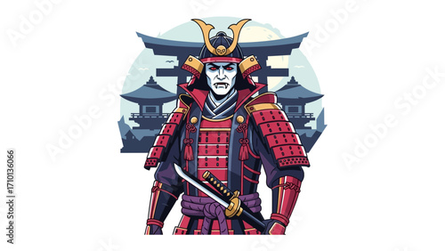 Warrior of the Rising Sun: A formidable samurai, clad in ornate armor and wielding a katana, stands ready before an iconic Japanese architectural backdrop. The artwork embodies power.