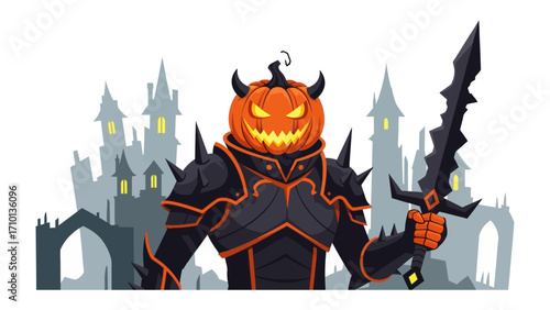 The Pumpkin King: An illustrative rendition of a formidable pumpkin-headed figure, exuding the spirit of Halloween, brandishing a sword against a haunting castle backdrop.