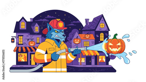 Halloween Rescue: A brave firefighter, donned in a vibrant uniform and a spirited helmet, fearlessly battles a mischievous pumpkin, ready to save Halloween in a spirited illustration.