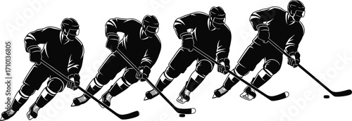 Silhouette of ice hockey players skating aggressively, holding hockey sticks, wearing helmets and protective gear, fast paced action, team sport competition