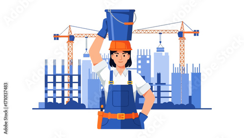 Construction Worker on Site: A dedicated construction worker balances a bucket on their head, surrounded by a backdrop of urban development.