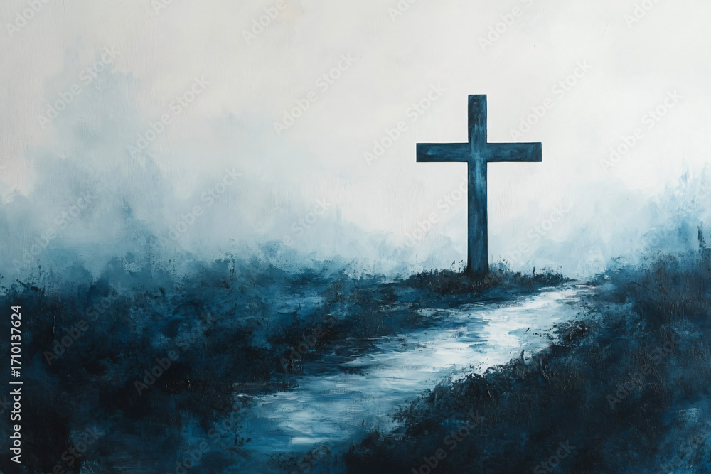 Fototapeta premium painting of a blue cross on the water with a white background