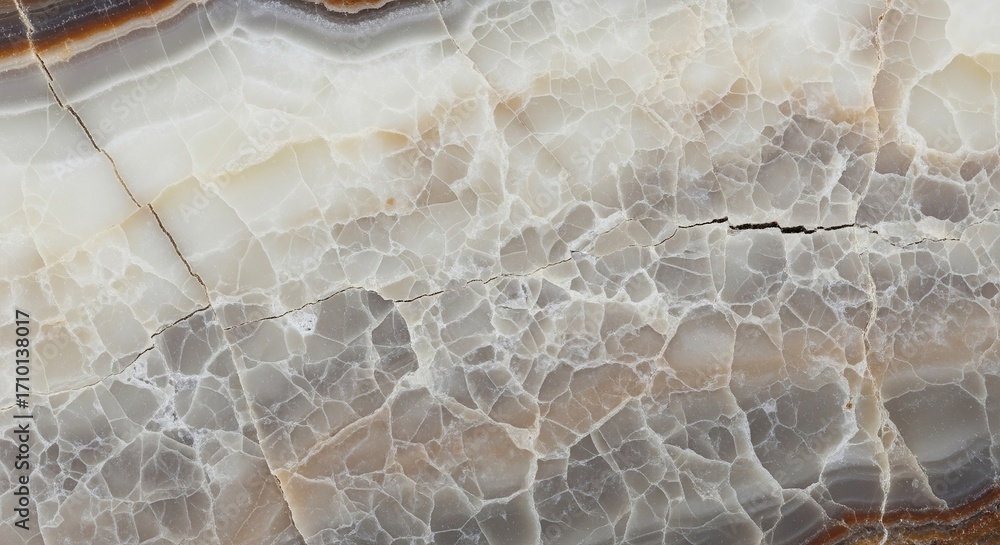 Obraz premium Luxurious polished stone slab with a detailed texture of grey and beige marble. This natural onyx background with intricate veining, perfect for high-end interior design, wallpaper, abstract wall art