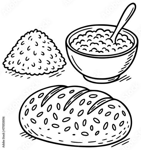Whole grain bread with bran, rice groats and oatmeal in a bowl