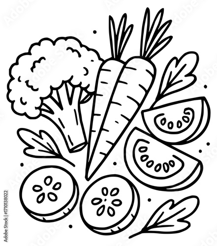 Vector vegetables in doodle style. Vegetables on a transparent background for nutrition.