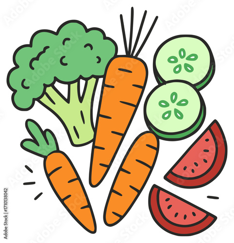 Vegetables on white background (carrot, broccoli, cucumber, tomato)