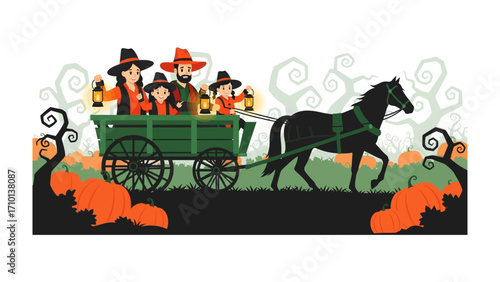 Spooky Family Wagon Ride: A family rides on a wagon ride. Decorated with pumpkins. Capture Halloween spirit.