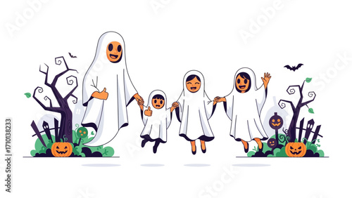 Spooky Ghost Family at Halloween: A playful family of ghosts, each shrouded in a white sheet.