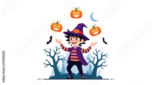 Halloween Juggler: A whimsical illustration of a cheerful character in a wizard hat juggles grinning pumpkins. This captures the spirit of a festive Halloween night.