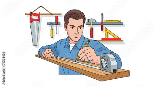 Craftsman at Work: A skilled craftsman diligently measures and marks a piece of wood with precision. The image evokes a sense of dedication and craftsmanship.