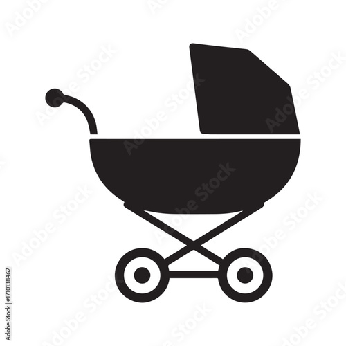 Baby carriage stroller icon. Black silhouette of a pram for newborn infant. Vector symbol for childcare and parenting.
