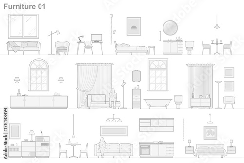 Furniture outline front view architectural designs. Set of isolated linear interior icons. Vector elements for apartments, living room, bedroom, kitchen, bathroom. CAD design.