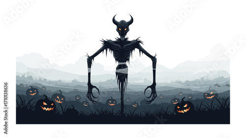Eerie Halloween Illustration: A spooky, skeletal figure with horns and menacing eyes stands amidst a field of grinning jack-o'-lanterns, set against a misty backdrop of a spooky, silhouetted hills.