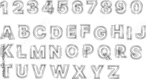full set of hand-drawn alphabet letters from A-Z and numbers from 0-9, all presented in a modern, outline style with a distinctive brush stroke and doodle-like texture on a clean, solid gray backgroun