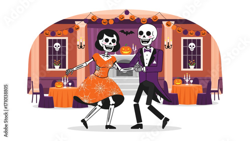 Spooky Halloween Dance: A cheerful skeleton couple dances joyfully in a festively decorated room, with a pumpkin and other Halloween decoration. Capturing the fun and spooky spirit.