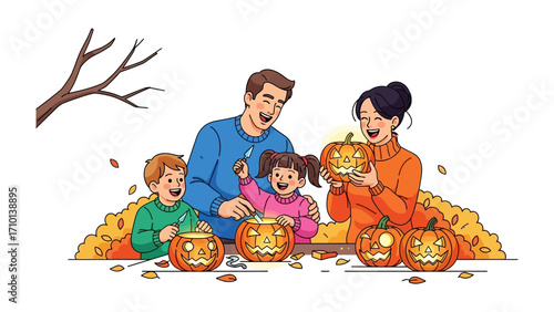 Family carving Pumpkins for Halloween: An illustration depicts a family, carving pumpkins, preparing for the Halloween season, a heartwarming portrayal of tradition and familial joy.