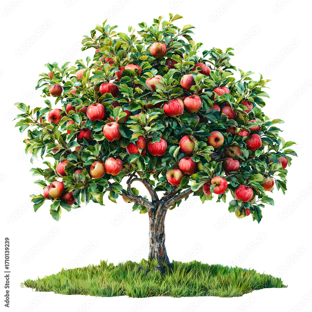 Fototapeta premium a vibrant and detailed illustration depicts a fully fruited apple tree growing on a small patch of green grass against a white background.